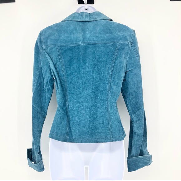 AMI Small Turquoise Blue 100% Leather Washable Suede Full Zip Collar Jacket NWT - Picture 7 of 8